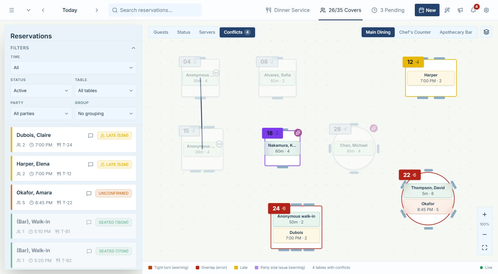 Hostbook floorplan in Conflicts mode highlighting overlaps, tight turns, and party-size warnings