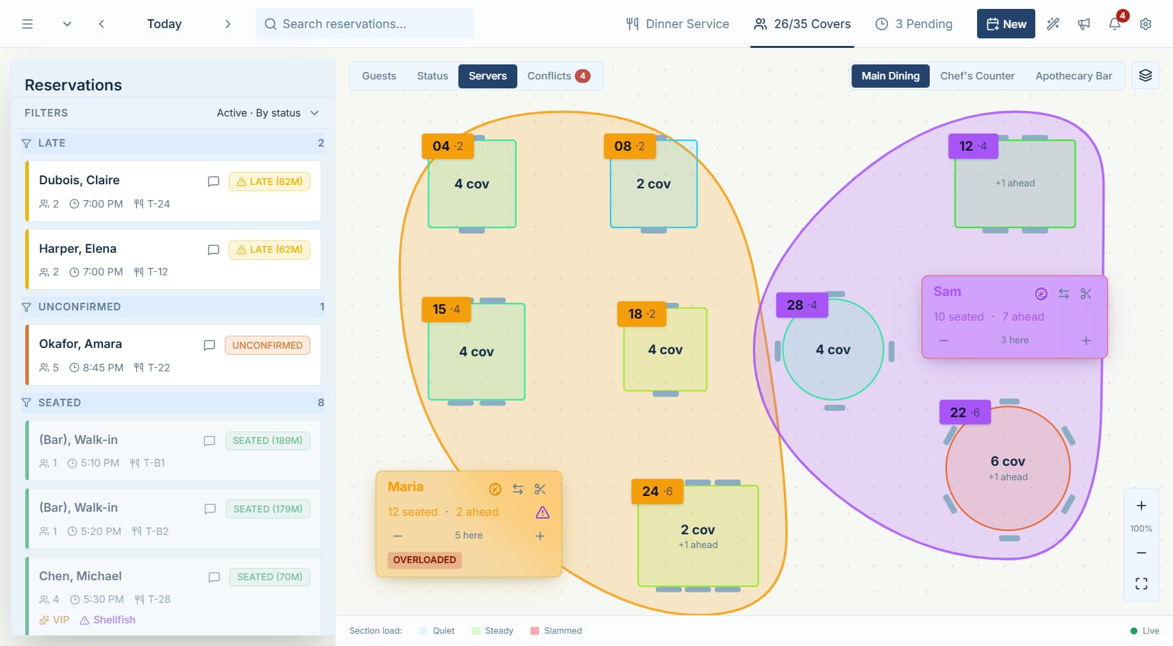 Hostbook floorplan in Servers mode showing color-coded server sections and live cover load