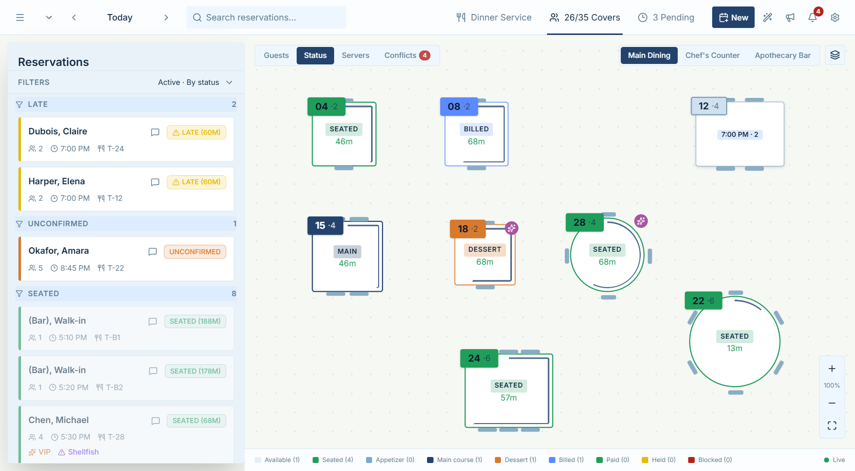 Hostbook floorplan in Status mode showing seated, main course, dessert, and billed table states