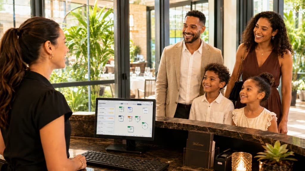 A host greeting a family at the restaurant entrance