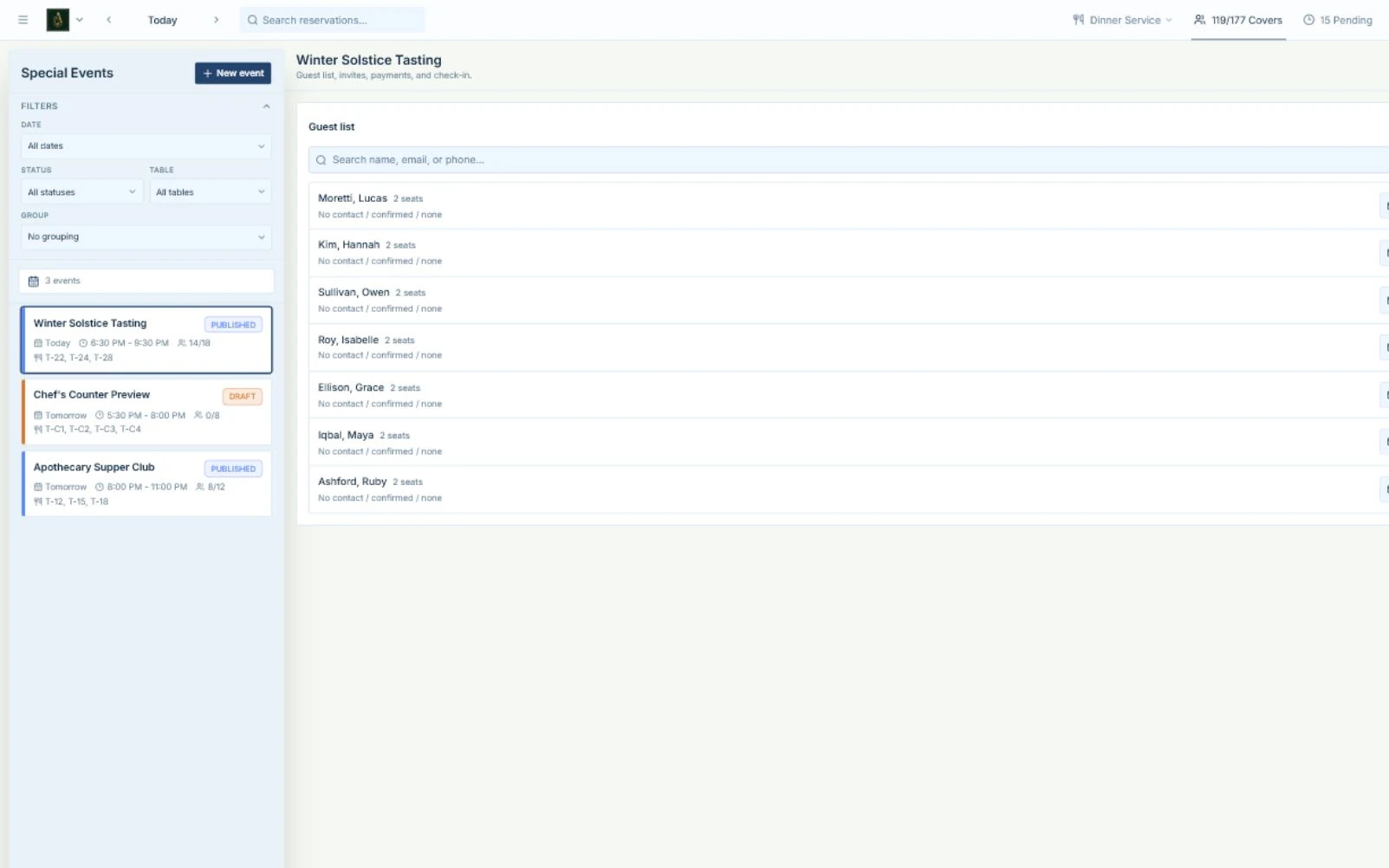 Hostbook Special Events showing live event capacity, reservations, payment status, and guest check-in