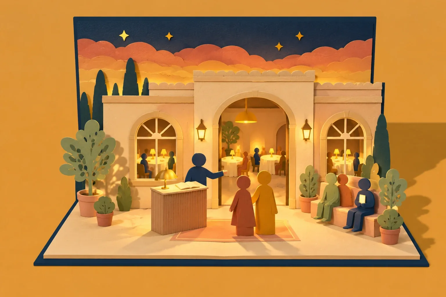 Paper-craft illustration of a host welcoming a couple at the door at dusk while a small party waits on a bench