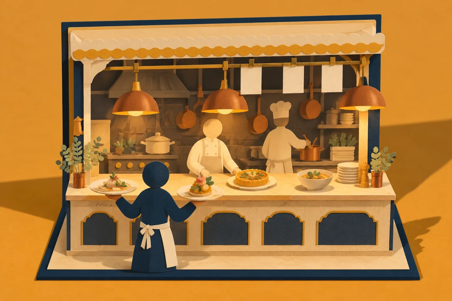 Paper-craft illustration of a kitchen pass, with chefs plating under warm lamps and a server collecting two dishes