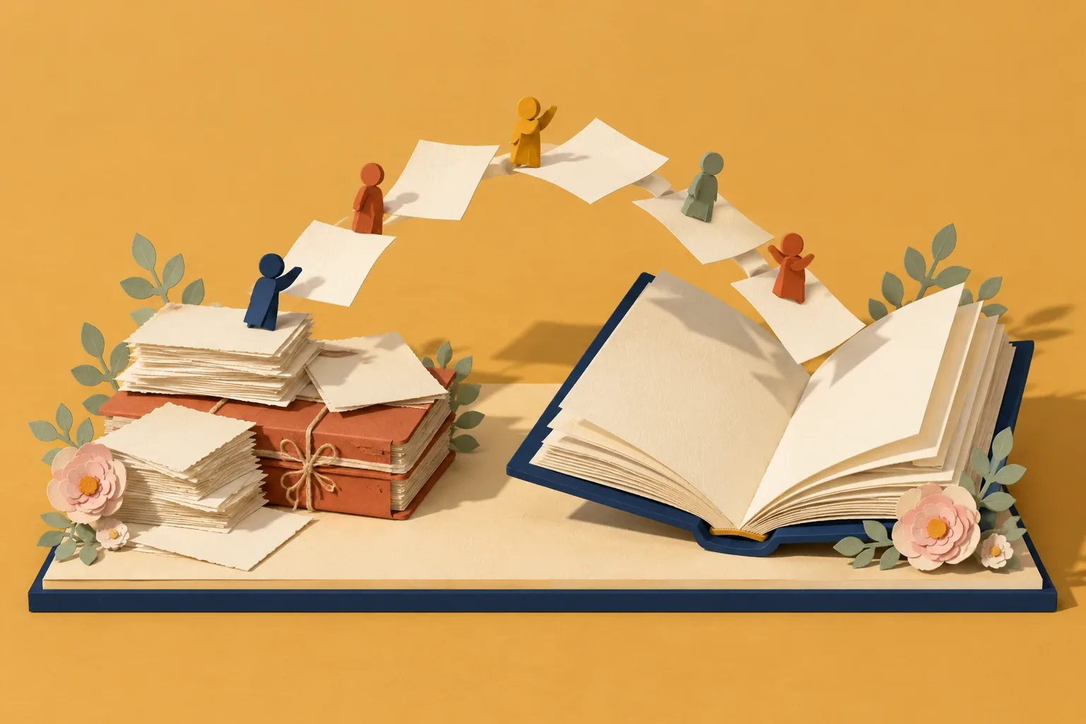 Paper-craft illustration of loose cards and an old ledger flowing, page by page, into a new open book