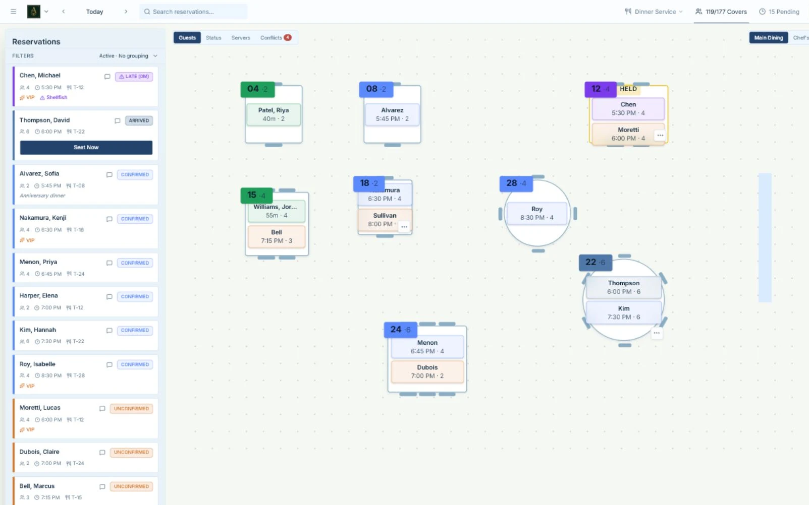 Hostbook service dashboard showing a populated reservation list and live dining-room floorplan