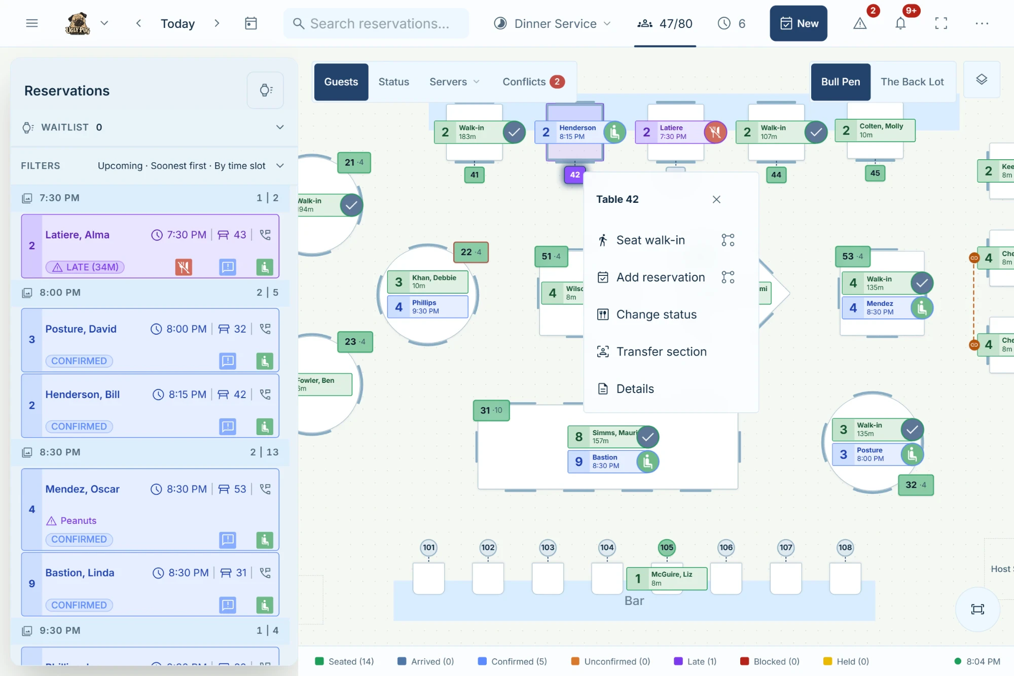 Hostbook service dashboard in Guests view: the reservation list beside the floorplan, guest names and party sizes on their tables, and a table's quick actions open