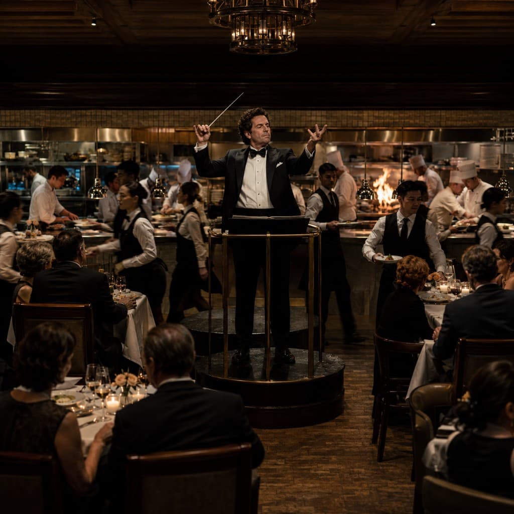 A conductor directing a busy restaurant dining room, kitchen, and service team in harmony
