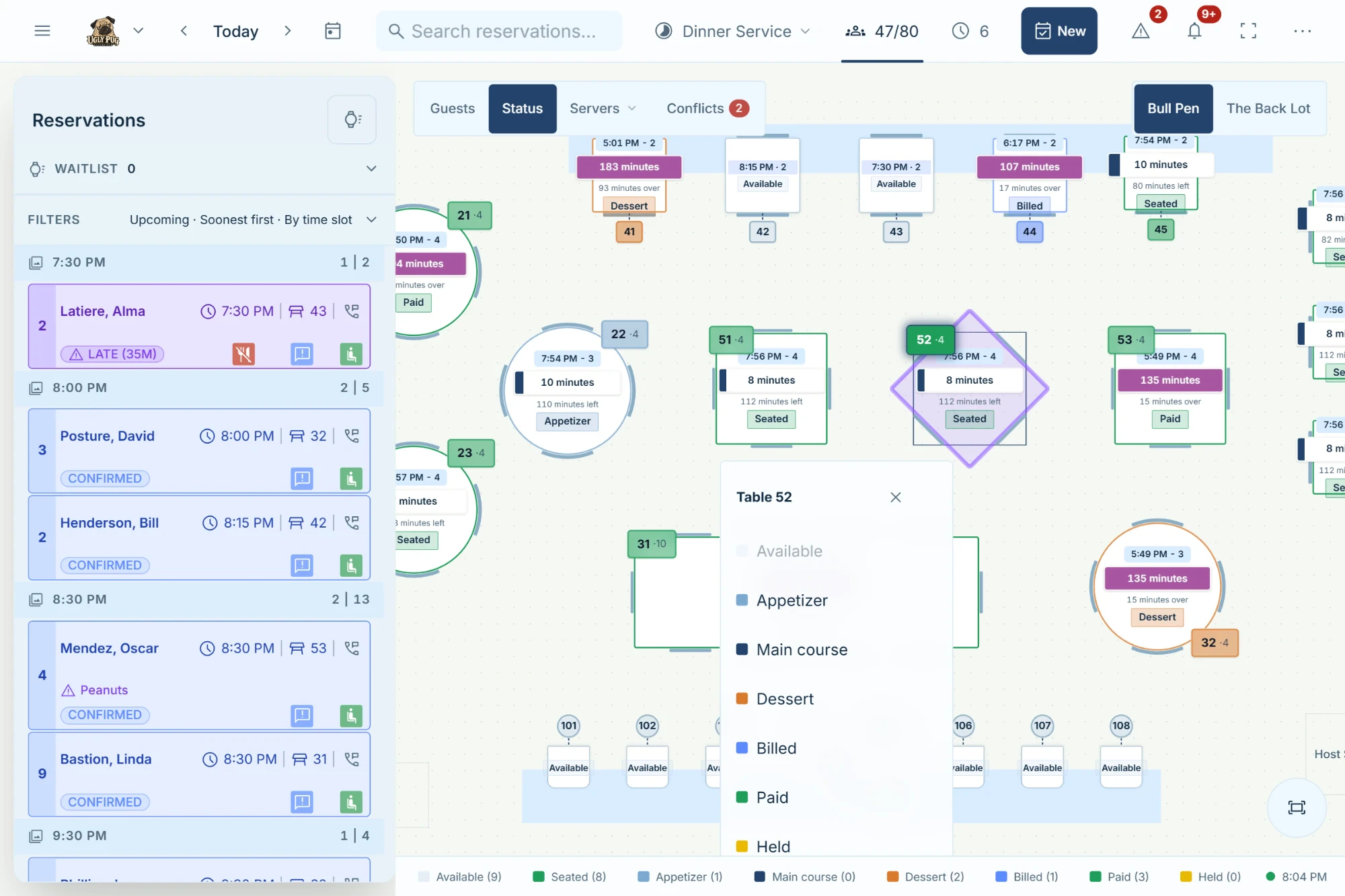 Hostbook floorplan in Status view: each table shows its course, time seated, and minutes left or over, with a menu open to change a table's status