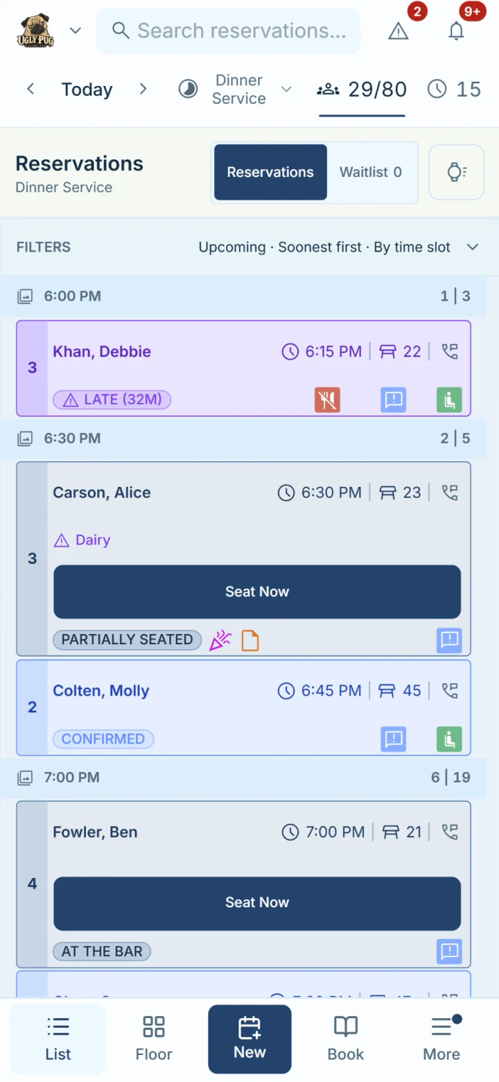 Hostbook on a phone, Reservations view: bookings grouped by time slot, with Seat Now buttons, status chips, and an allergy note