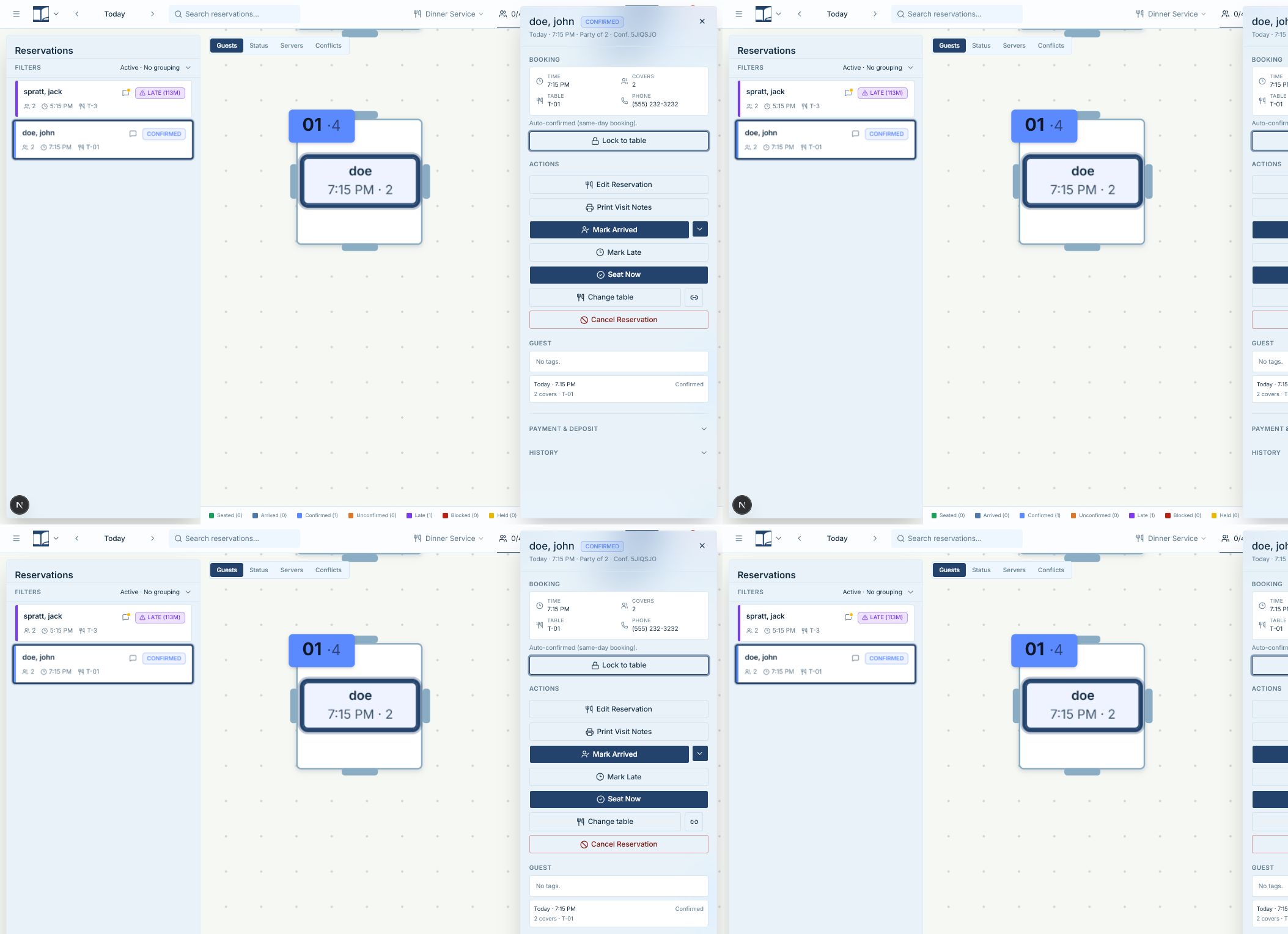Floorplan view showing tables, mode controls, and table quick actions