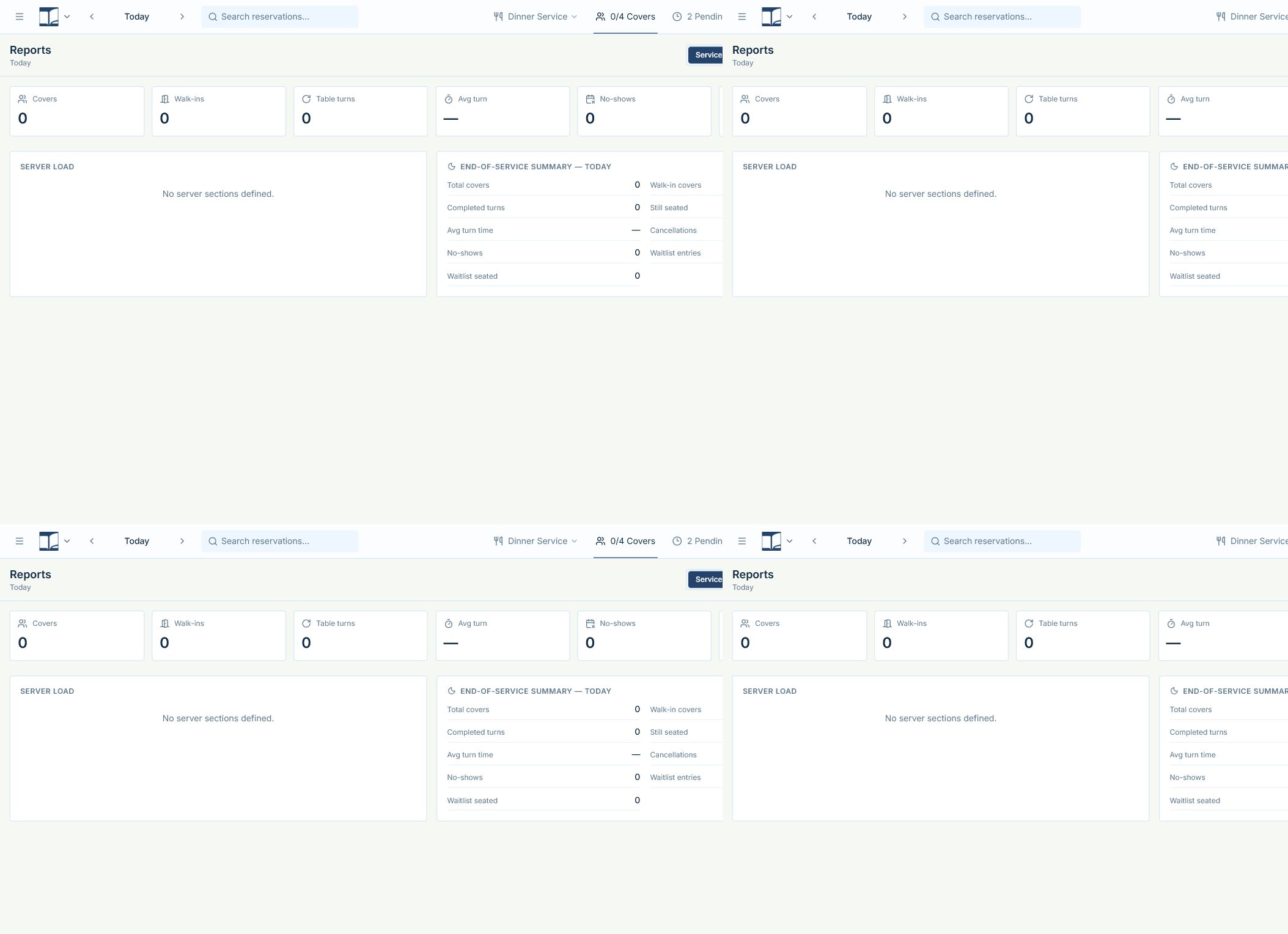 Reports panel with range controls, stat cards, server load, and end-of-service summary