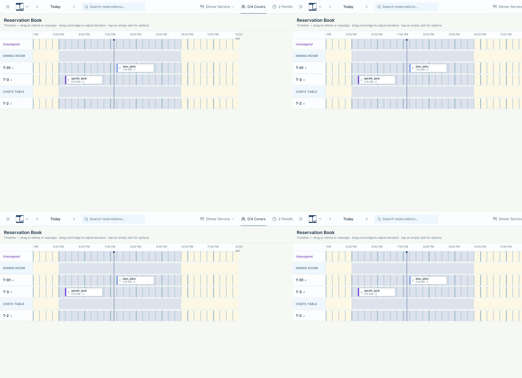 Reservation Book timeline with table rows, time columns, and reservation blocks