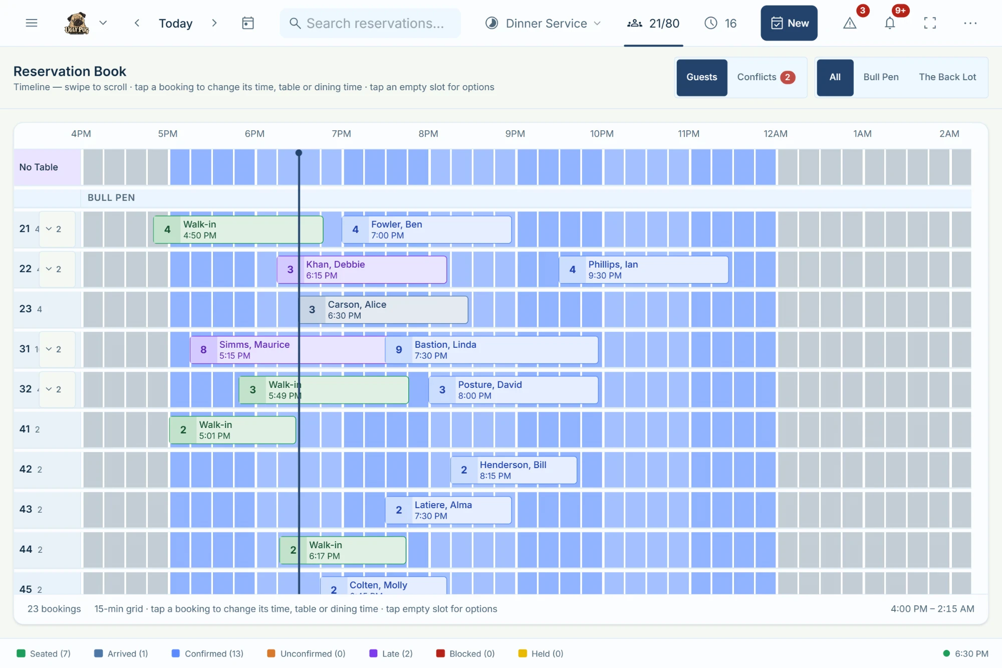 Reservation Book timeline with table rows, time columns, and reservation blocks