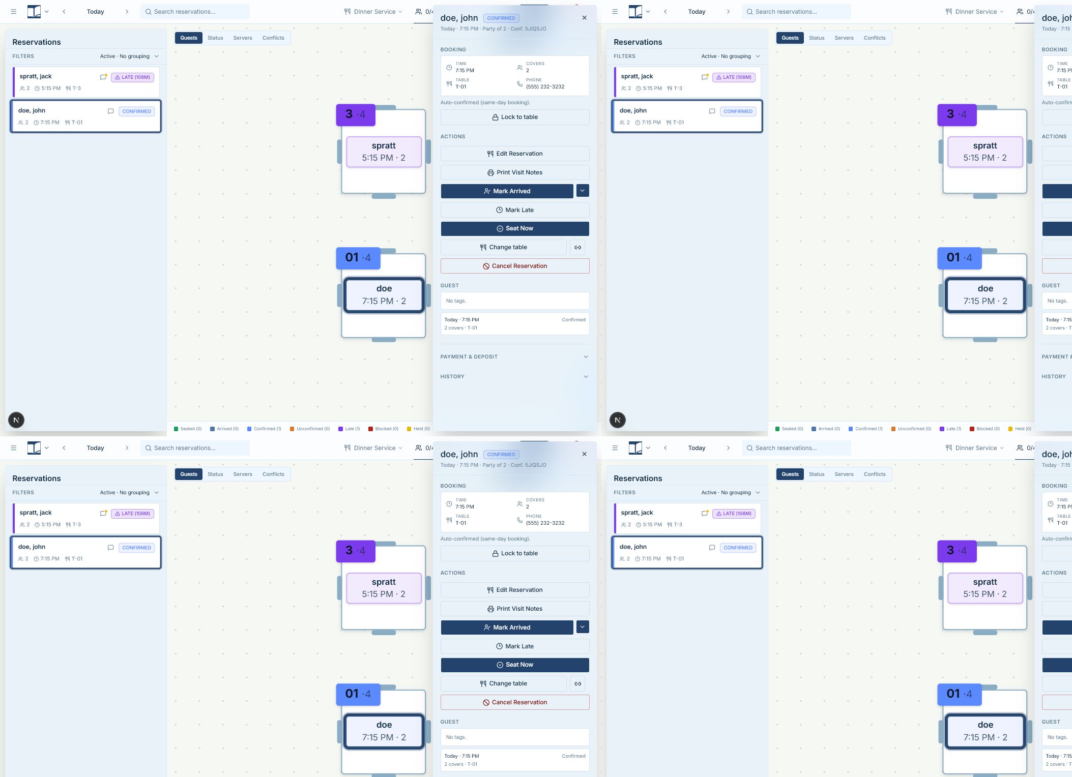 Reservation drawer showing booking details, status actions, payment and history sections