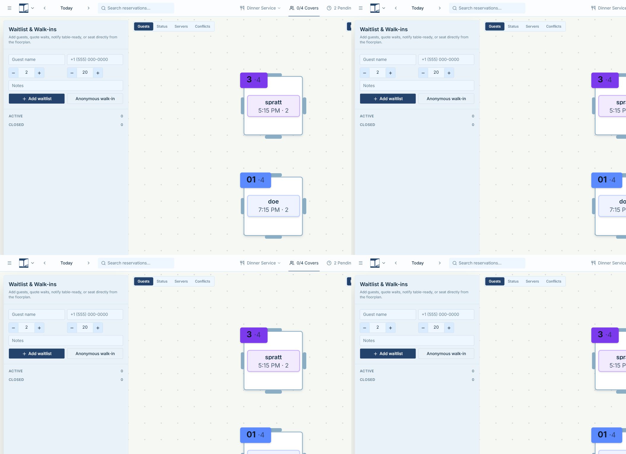 Waitlist panel showing active entries, quote controls, ready, seat, and mark left actions